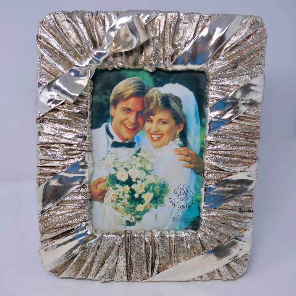 vtg LOUI MICHEL Silver Plated Wedding Picture Photo Frame Ribbon Bow 5" x 7" NEW